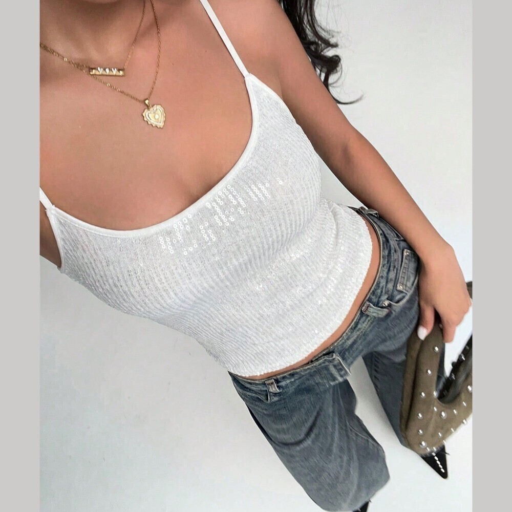 White Sequin Ribbed Cami Top